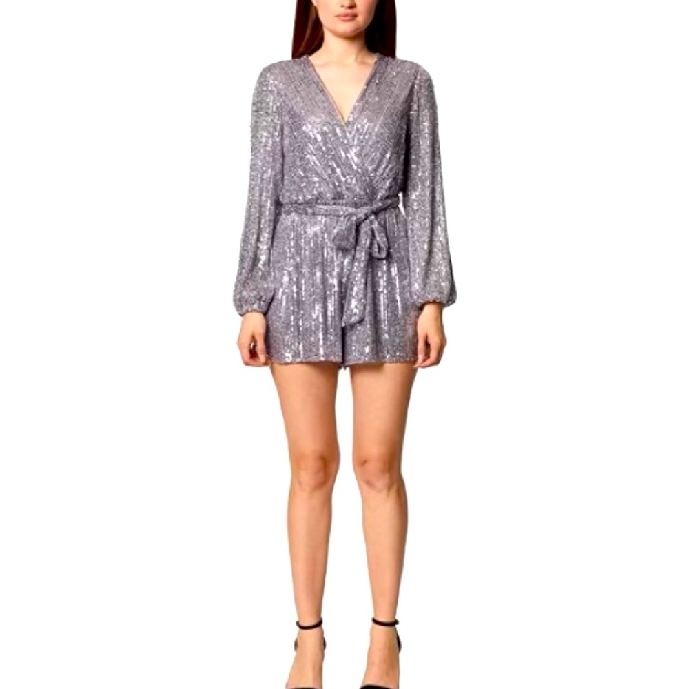 BCBG Silver Sequin Long Sleeve Romper
